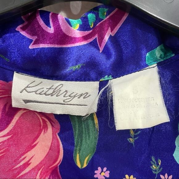 VTG 90s Floral Satin Pajama Top Size S Silky Boxy Button Blouse Boho - Picture 2 of 8